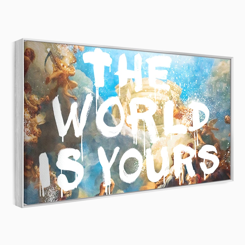Tablou canvas cu pictura renascentista cu text alb, in rama de aluminiu argintiu